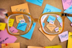 Motivational career messages written on post-its.
