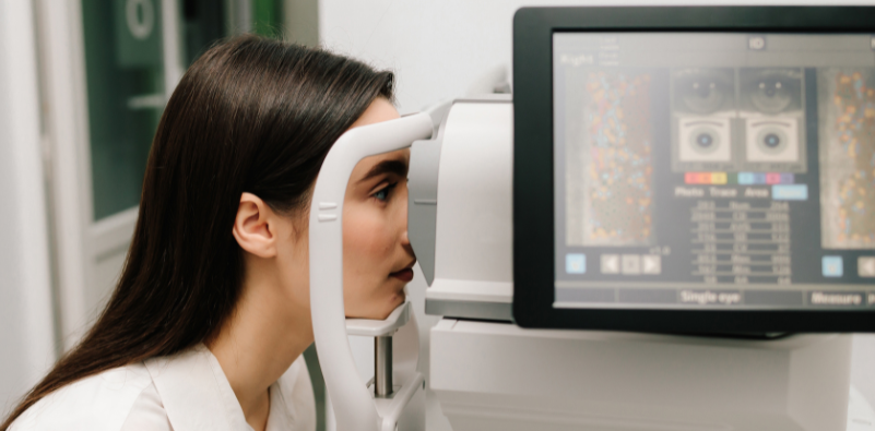 Patient undergoing a comprehensive eye examination with an eye care professional